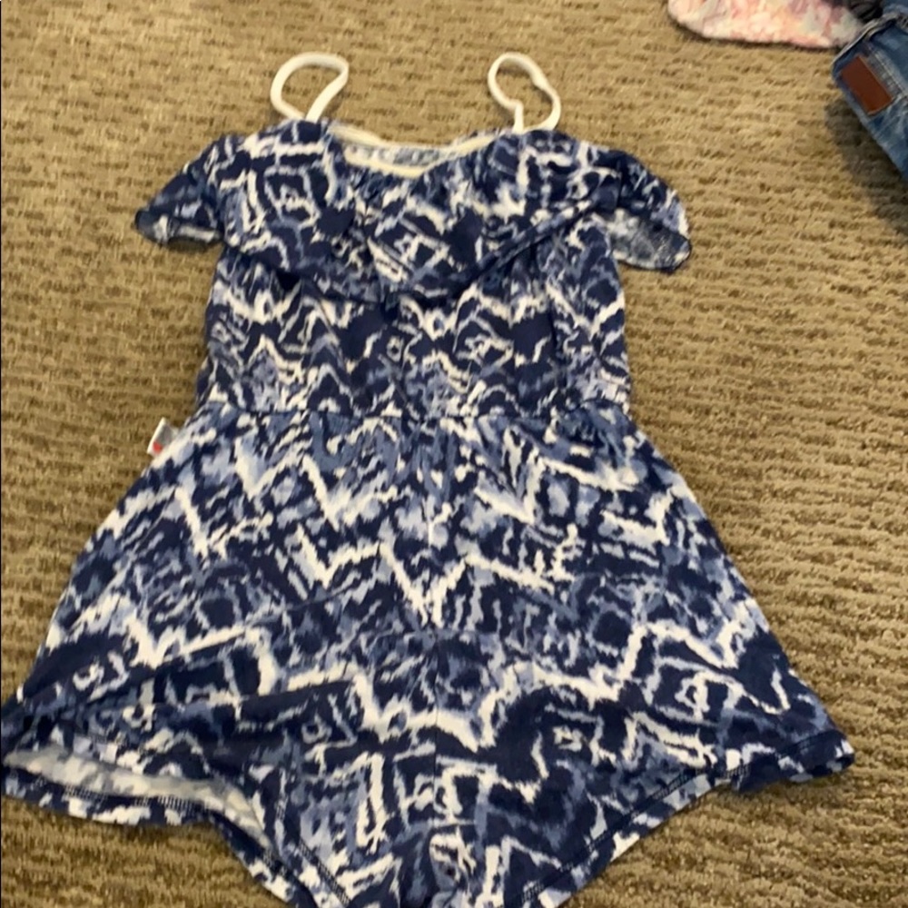 Blue and white patterned romper with skinny strap
